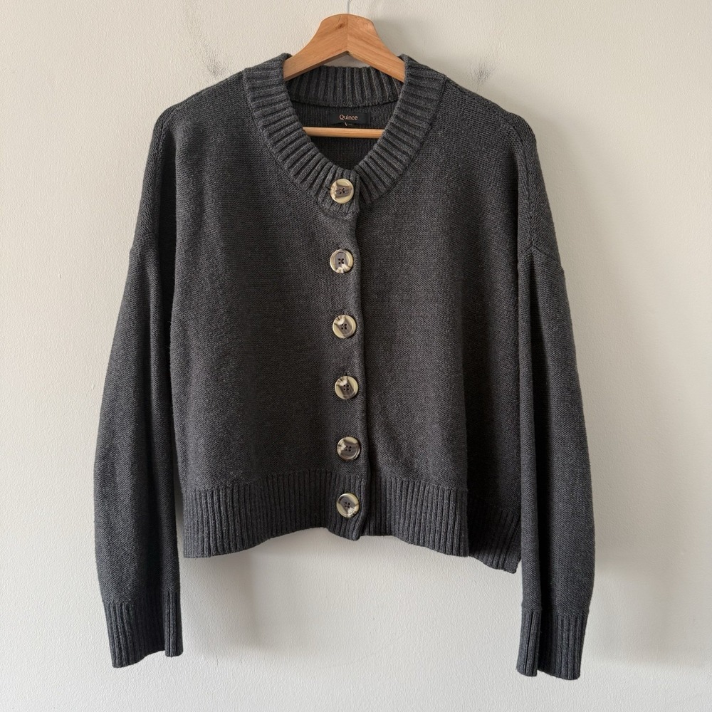 Quince Women 100% Organic Cotton Fisherman Boxy Cropped Cardigan Size M Gray - Picture 2 of 12